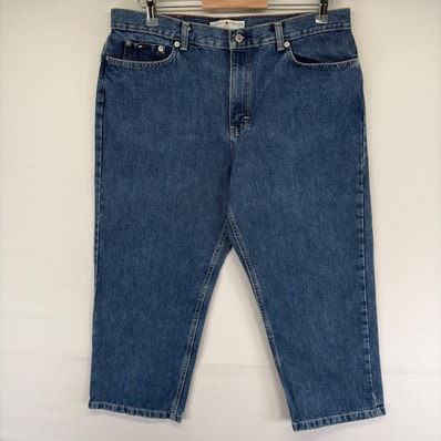 古着 トミーヒルフィガー TOMMY HILFIGER デニム パンツ ワンポイントロゴ 刺繍ロゴ 5ポケット レザーパッチ 14 ブルー系 レディース