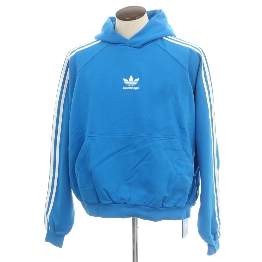 【中古】バレンシアガ BALENCIAGA × adidas コットン スウェット プルオーバー パーカー ライトブルー【サイズL】【メンズ】
