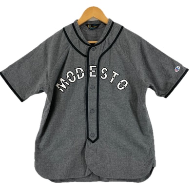 美品 Champion チャンピオン ベースボールシャツ 前面プリント 春夏 SS 半袖シャツ コットン グレー メンズ M【古着】【中古】