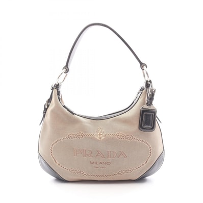 プラダ PRADA LOGO JACQUARD ロゴジャガード ショルダーバッグ バッグ キャンバス レザー レディース ベージュ系 / ブラック系 【中古】