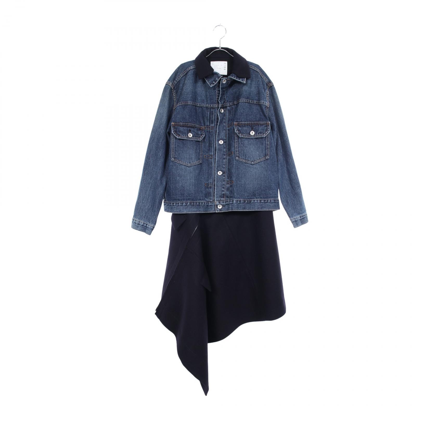 サカイ Sacai デニムジャケット ドッキング アシンメトリー ワンピース 衣料品 トップス コットン ウール レディース ネイビー系 / ブラック系 【中古】