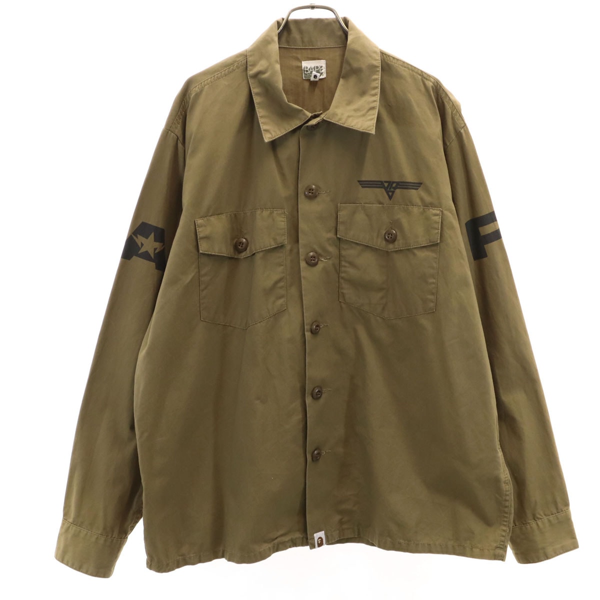 A BATHING APE アベイシングエイプ バックプリント 長袖 ミリタリーシャツ L オリーブ系