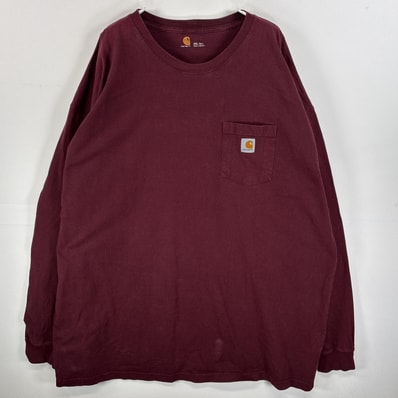 古着 カーハート Carhartt 長袖Tシャツ 肉厚 ワンポイント ロゴ 大きいサイズ 3XL TALL ワインレッド 無地 メンズ