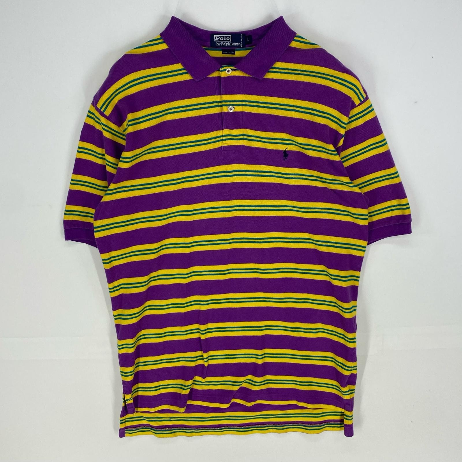 古着 ポロバイラルフローレン Polo by Ralph Lauren 半袖シャツ ワンポイントロゴ刺繍 ポロシャツ L パープル系 ボーダー メンズ