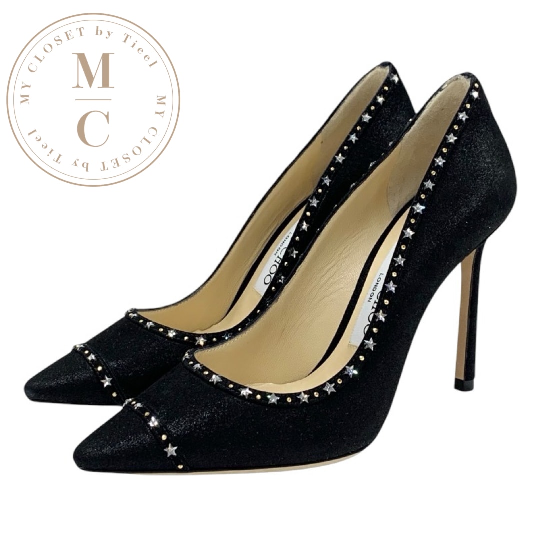 ジミーチュウ JIMMY CHOO ROMY 100 パンプス 靴 シューズ ファブリック ブラック 黒 未使用 ラメ ラインストーン スター パーティーシューズ
