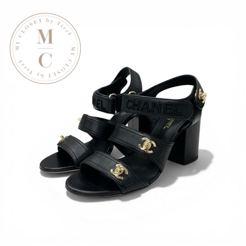 シャネル CHANEL サンダル 靴 シューズ レザー ブラック ゴールド ココマーク ターンロック ベルクロストラップ