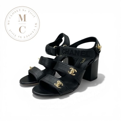 シャネル CHANEL サンダル 靴 シューズ レザー ブラック ゴールド ココマーク ターンロック ベルクロストラップ