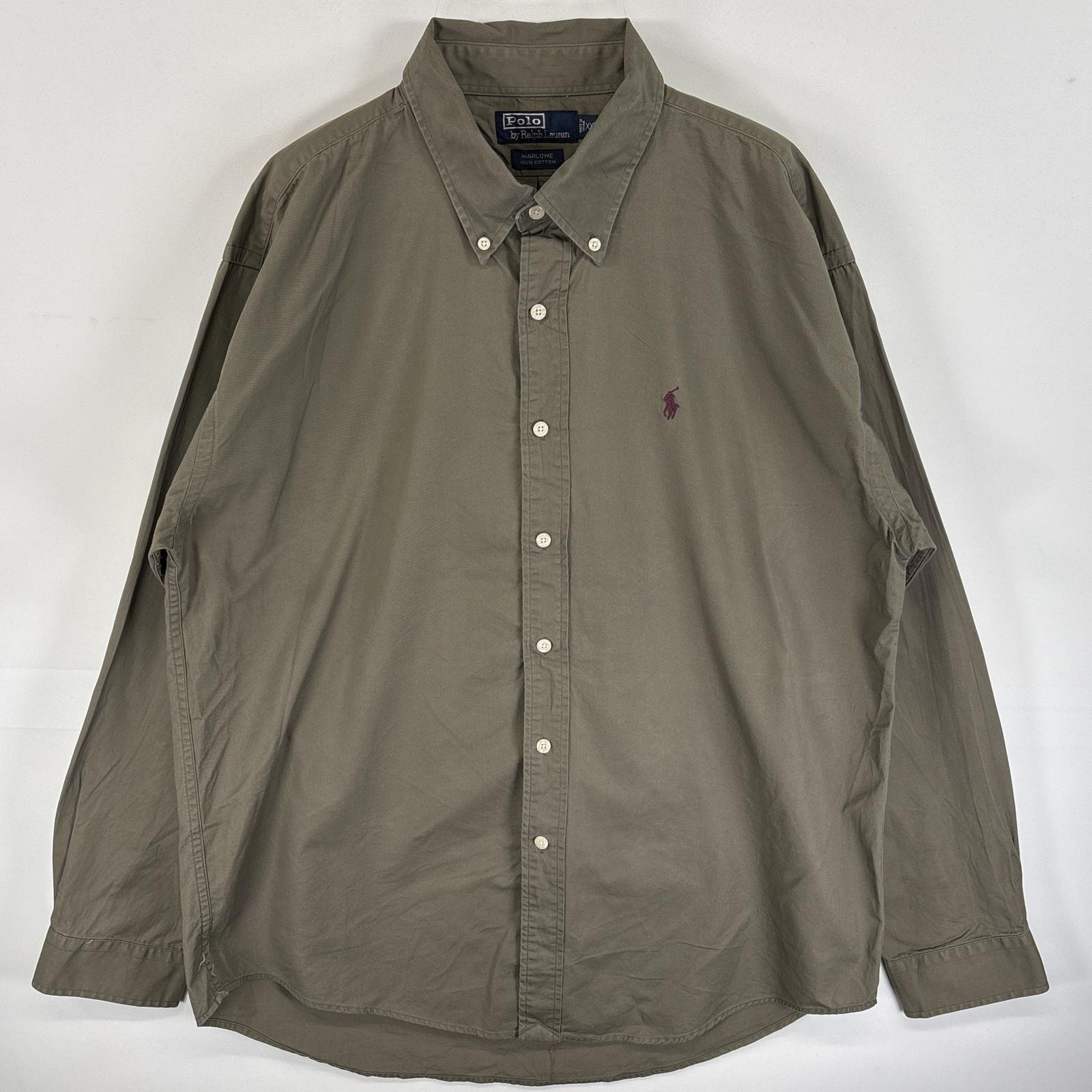 古着 90's/90年代 ポロバイラルフローレン Polo by Ralph Lauren 長袖シャツ ボタンダウンシャツ ワンポイント ロゴ 刺繍 MARLOWE 14041  カーキ系 無地 メンズ