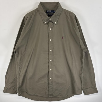 古着 90's/90年代 ポロバイラルフローレン Polo by Ralph Lauren 長袖シャツ ボタンダウンシャツ ワンポイント ロゴ 刺繍 MARLOWE 14041 カーキ系 無地 メンズ