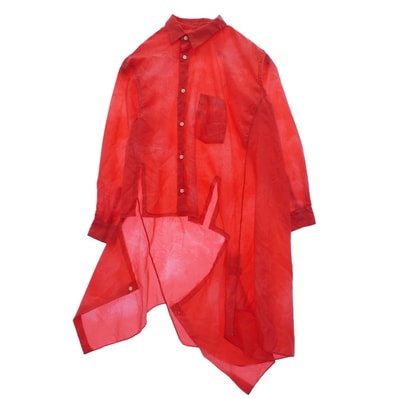 COMME des GARCONS コムデギャルソン ブラウス 25AW GP-B005 白タグ 本ライン エステル製品加工 カットオフ アシンメトリー 捻じれ ロング シャツ 長袖 ブラウス レッド系 S【美品】【中古】