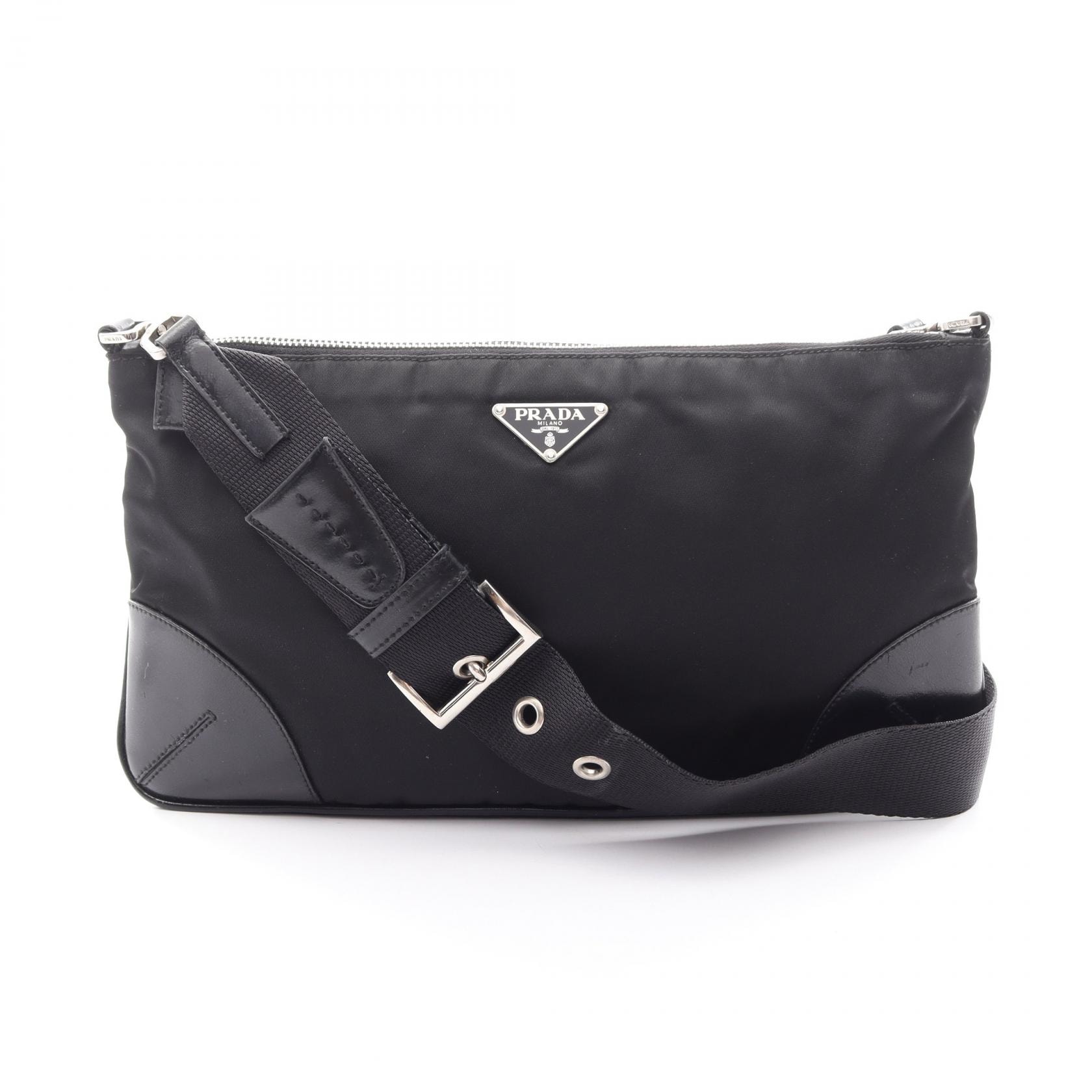 プラダ PRADA トライアングルロゴ ショルダーバッグ バッグ ナイロン レザー レディース ブラック系 【中古】