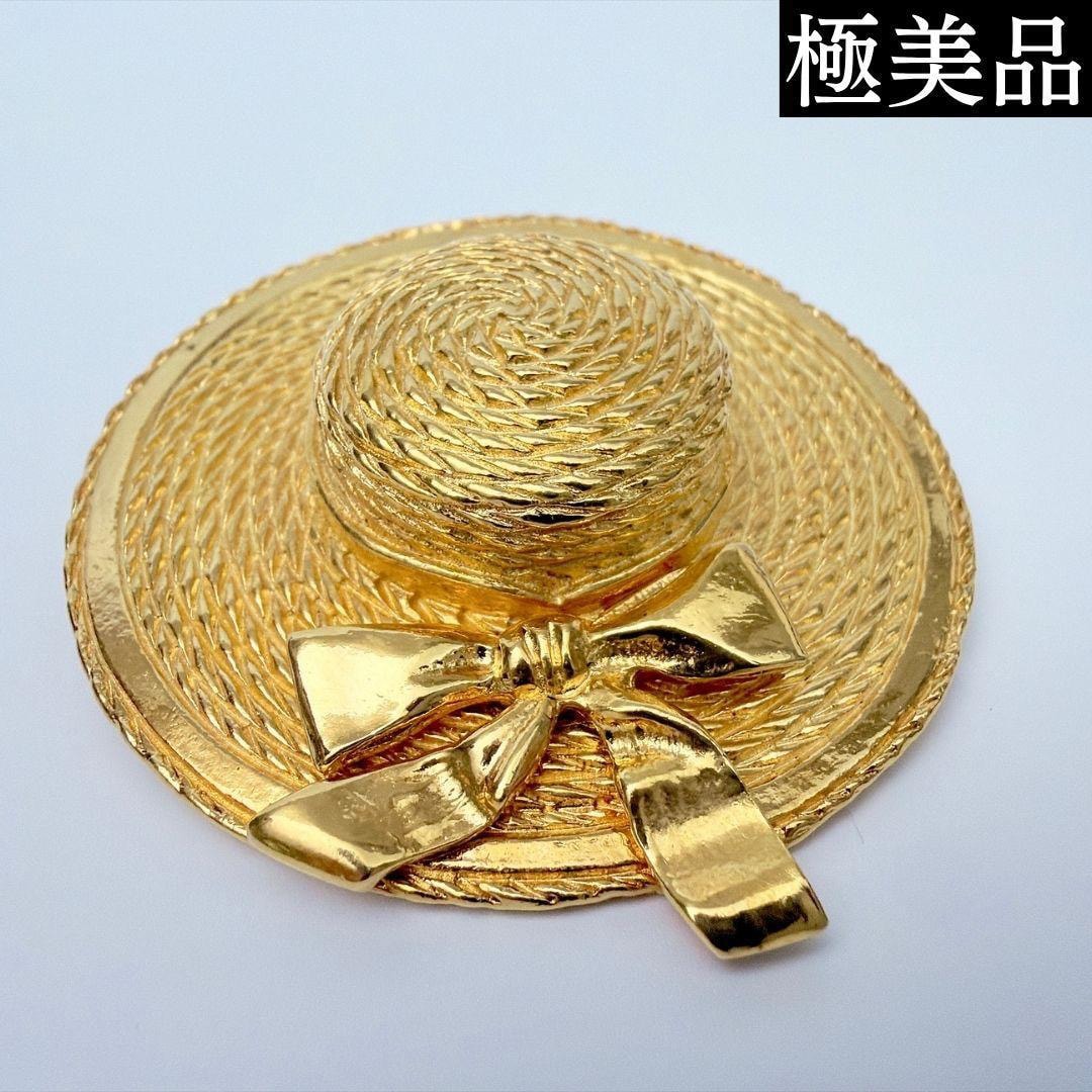【極美品】CHANEL シャネル ブローチ 麦わら帽子 リボン ヴィンテージ ゴールド アクセサリー