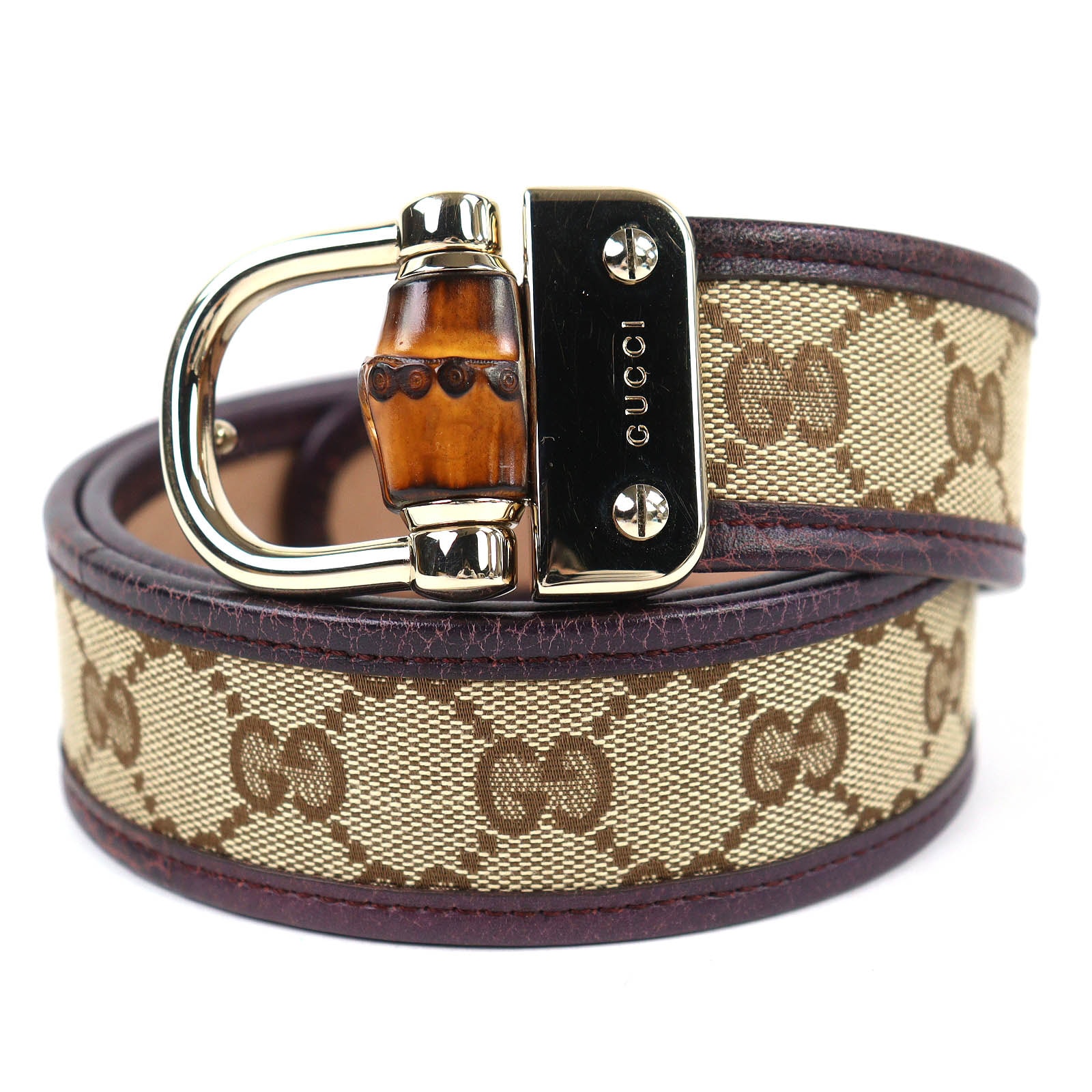 極美品 グッチ バンブー レザー使い GGキャンバス ベルト 85 34