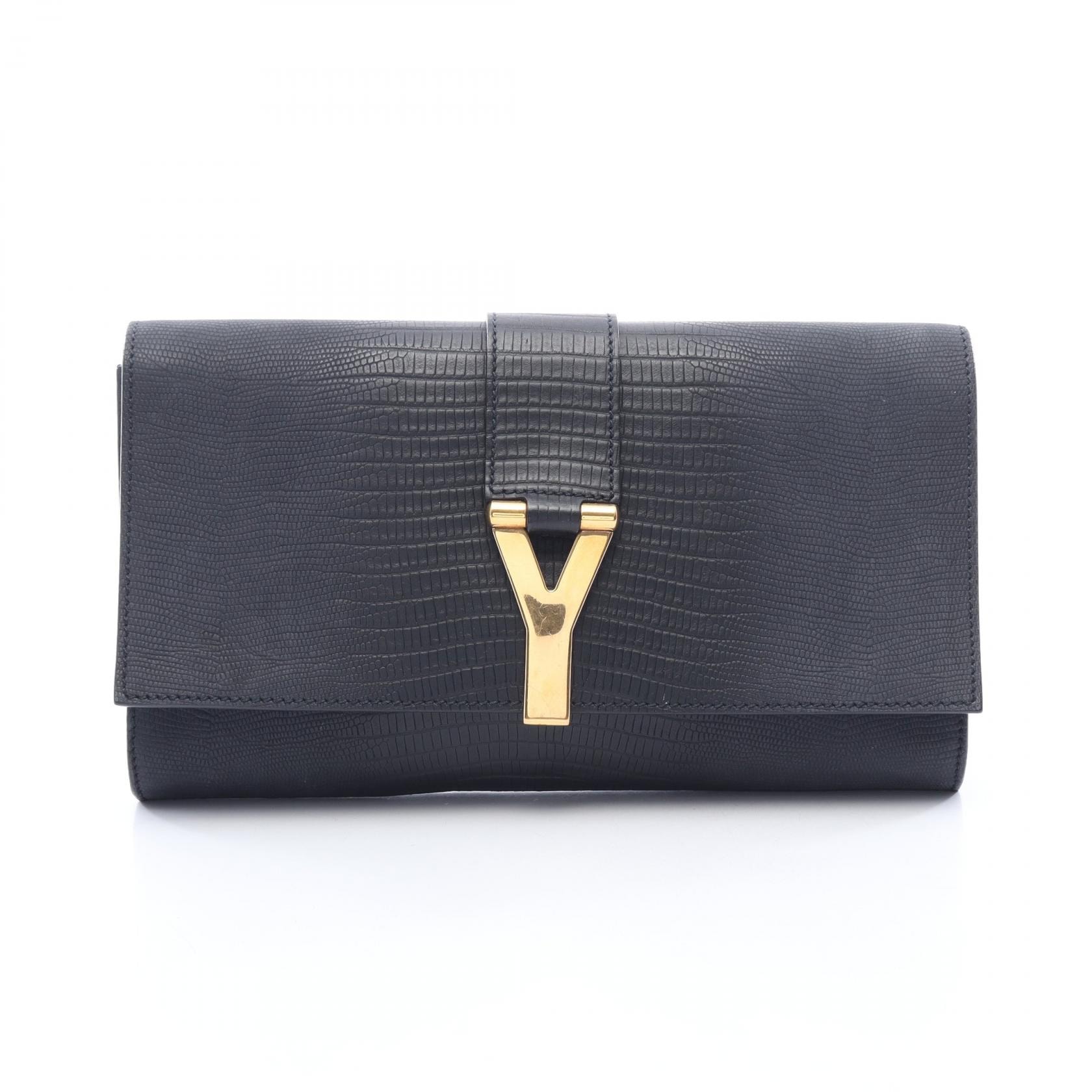 イヴ・サンローラン YVES SAINT LAURENT Yライン セカンドバッグ クラッチバッグ バッグ レザー レディース ネイビー系 265701 【中古】