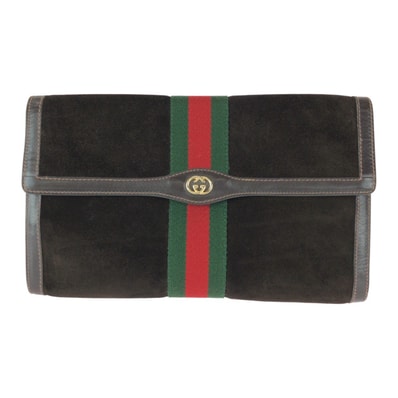 美品 GUCCI グッチ ヴィンテージ オールドグッチ シェリーライン ブラウン ゴールド金具 レザー スエード/ クラッチバッグ セカンドバッグ ハンドポーチ 601070 【中古】