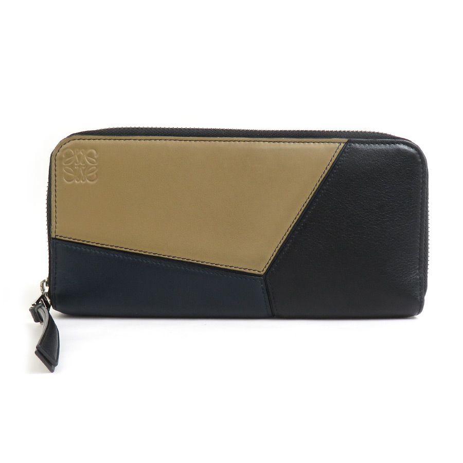ロエベ LOEWE ラウンドファスナー長財布 Puzzle Open Wallet レザー グレージュ/ブラック/ネイビー シルバー レディース【中古】 e59981a