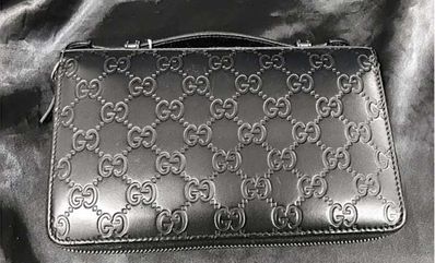 GUCCI Rubber Coating Leather W Zip Travel Case "Black"
