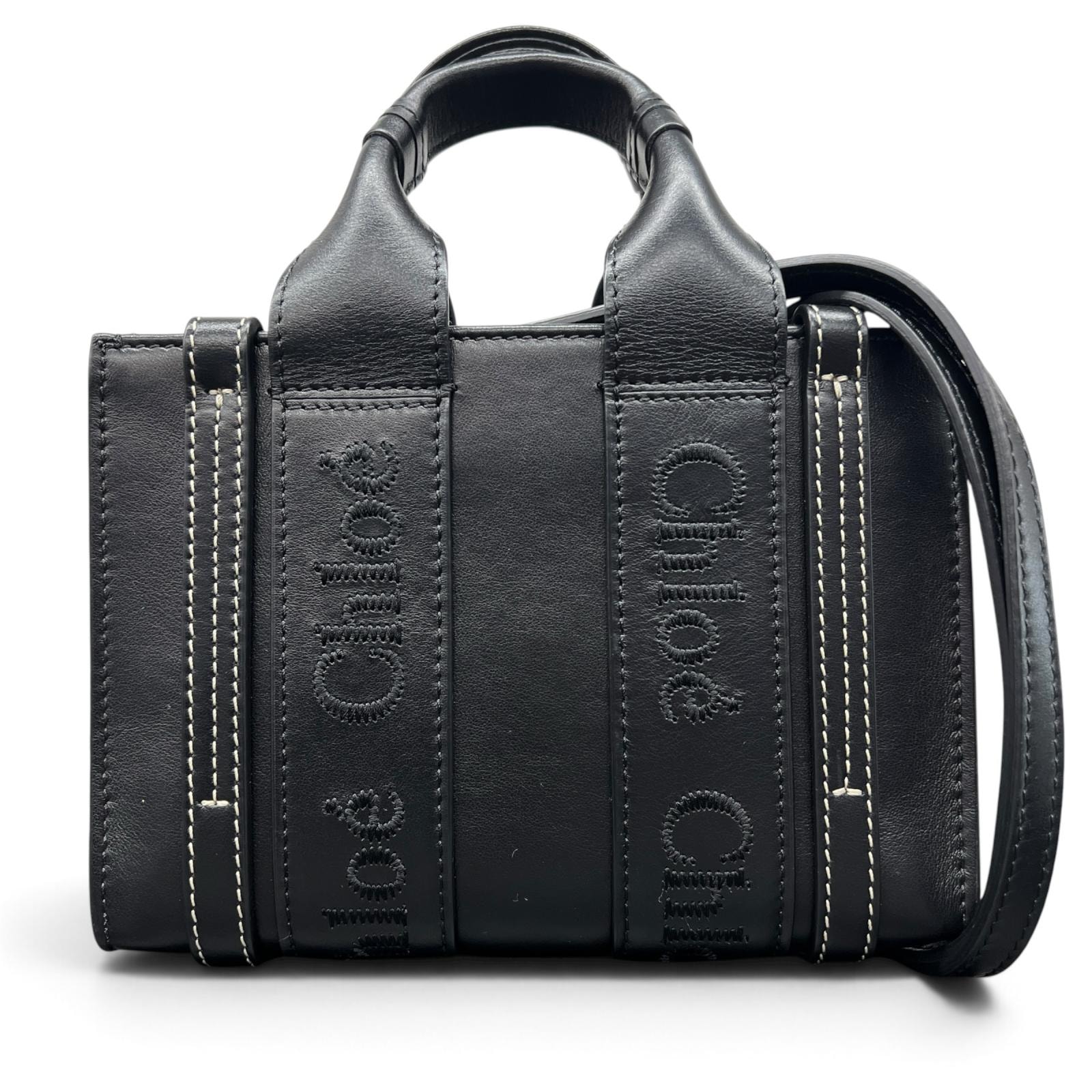 CHLOE 希少 極美品 クロエ WOODY ウッディ ミニトート 2way トートバッグ ショルダーバッグ カーフレザー ブラック ロゴ ハンドバッグ クロスボディ Aランク 中古 鑑定済 クロエバッグ
