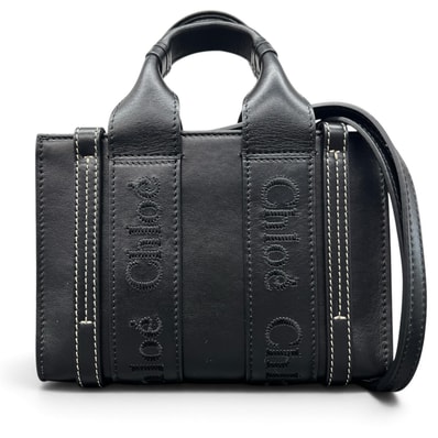 CHLOE 希少 極美品 クロエ WOODY ウッディ ミニトート 2way トートバッグ ショルダーバッグ カーフレザー ブラック ロゴ ハンドバッグ クロスボディ Aランク 中古 鑑定済 クロエバッグ