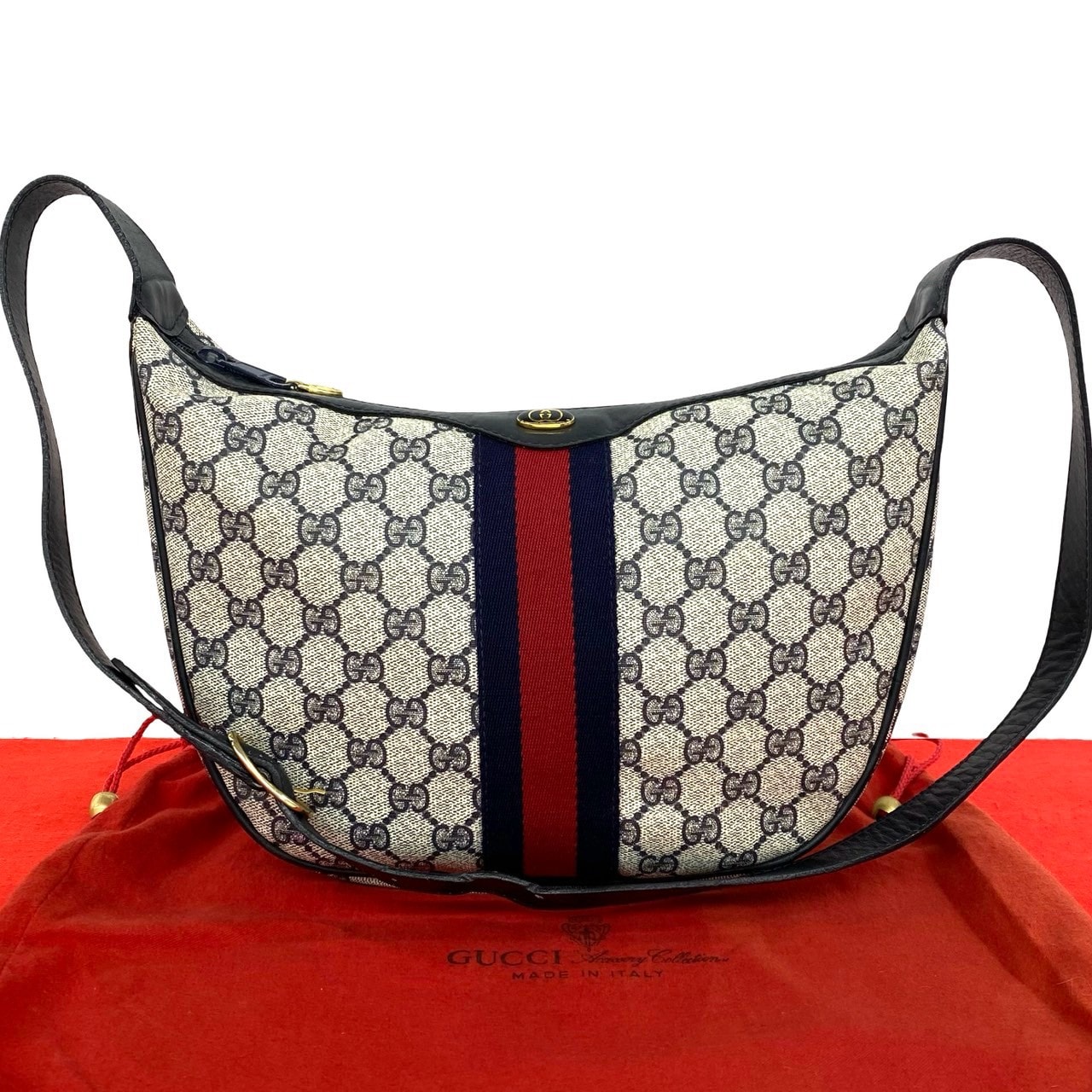 GUCCI グッチ GG ロゴ 柄 シェリーライン レザー PVC ショルダーバッグ ネイビー
 453-7