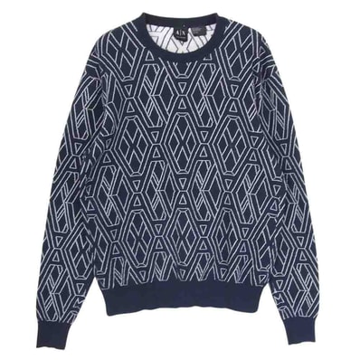ARMANI EXCHANGE アルマーニエクスチェンジ ニット 3ZZM1L ZMD5Z クルーネック プルオーバー ニット セーター ロゴ総柄 ネイビー ネイビー系 XS【中古】