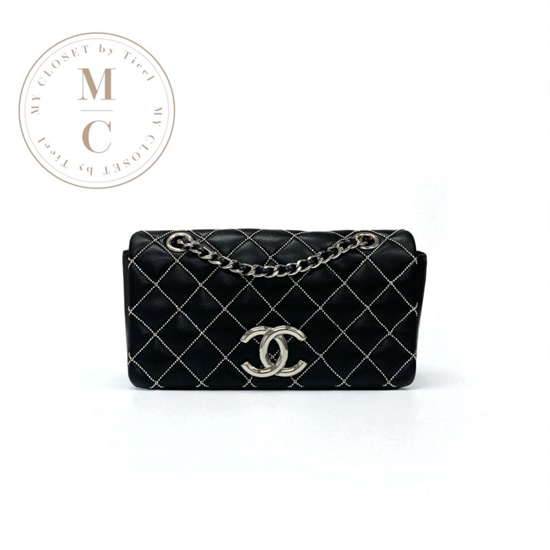 シャネル CHANEL バッグ ショルダーバッグ レザー ブラック 黒 シルバー ミニマトラッセ ココマーク シングルフラップ ダブルチェーン ビーズステッチ