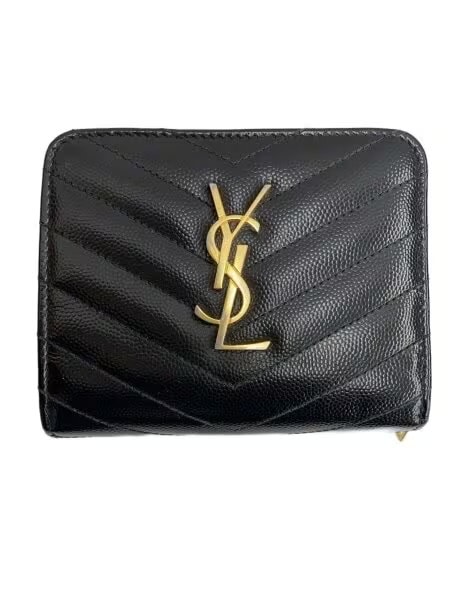 Saint Laurent Monogram Compact Zippered Wallet In Grain De Poudre Embossed Leather "Black"