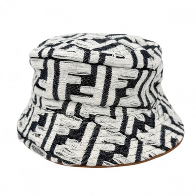FENDI フェンディ ハット ズッカ バケットハット デニム 帽子 Lサイズ ファッションアイテム メンズ レディース FXQ958 コットン ホワイト 白 ネイビー 紺 ユニセックス【中古品】