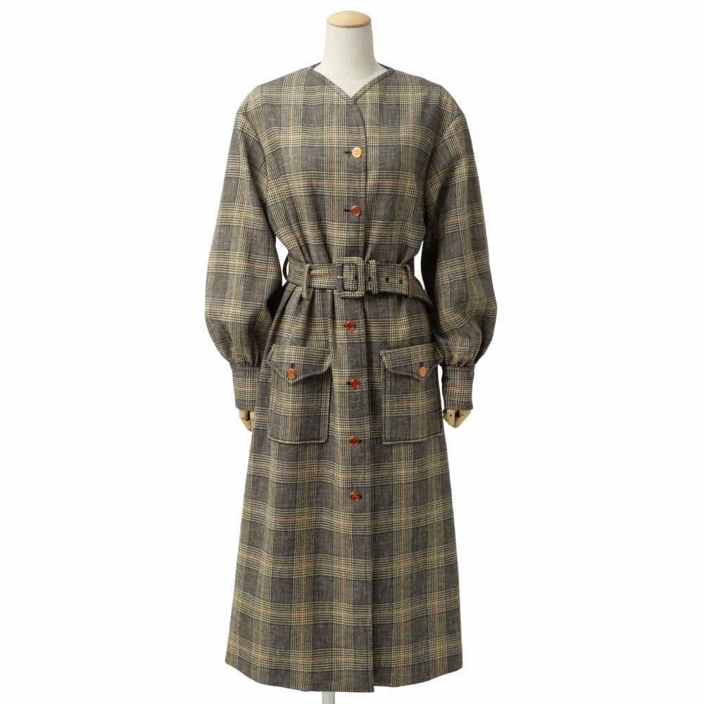 ■美品■2022AW■GUCCI グッチ コート サイズ38 グレンチェック柄 ロゴボタン ウール ベルテッド イタリア製 ブランド古着【中古】20261029/RB1409