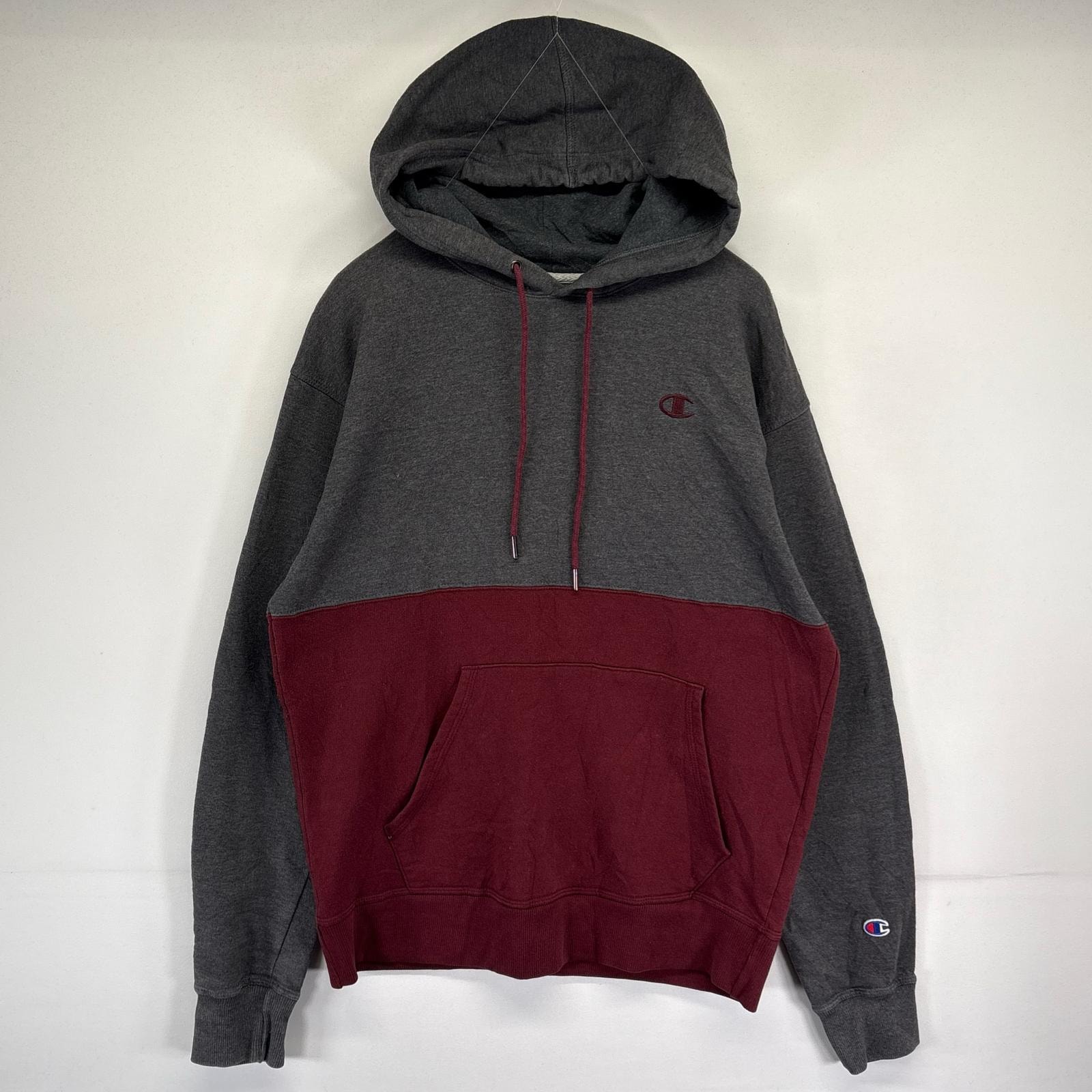 古着 チャンピオン Champion パーカー スウェット プルオーバー フーディ ワンポイントロゴ ツートン M バーガンディ メンズ