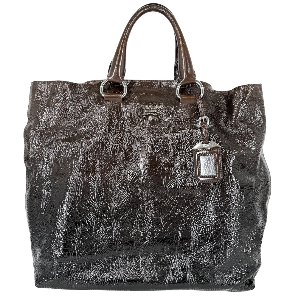 PRADA プラダ トートバッグ グラデーション トライアングルロゴ BN1713 エナメル    ブラウン 茶 シルバー金具 レディース【中古品】