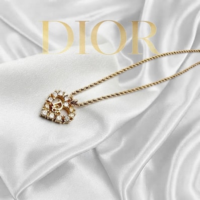 Dior Heart Rhinestone Logo Necklace "Gold"