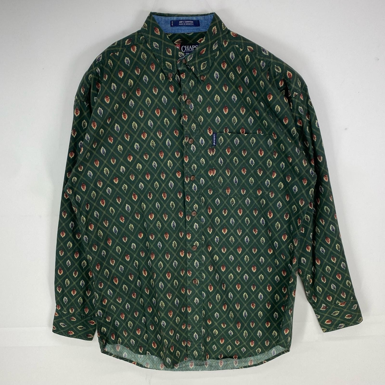 古着 チャップスラルフローレン CHAPS RALPHLAUREN 長袖シャツ 胸ポケット ワンポイントロゴ リーフ M グリーン系 総柄 メンズ