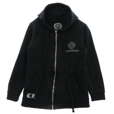 CHROME HEARTS クロムハーツ(原本無) CHプラススクロール バック フレームドクロス プリント ダガージップ スウエット パーカー フーディ ブラック系 M【中古】
