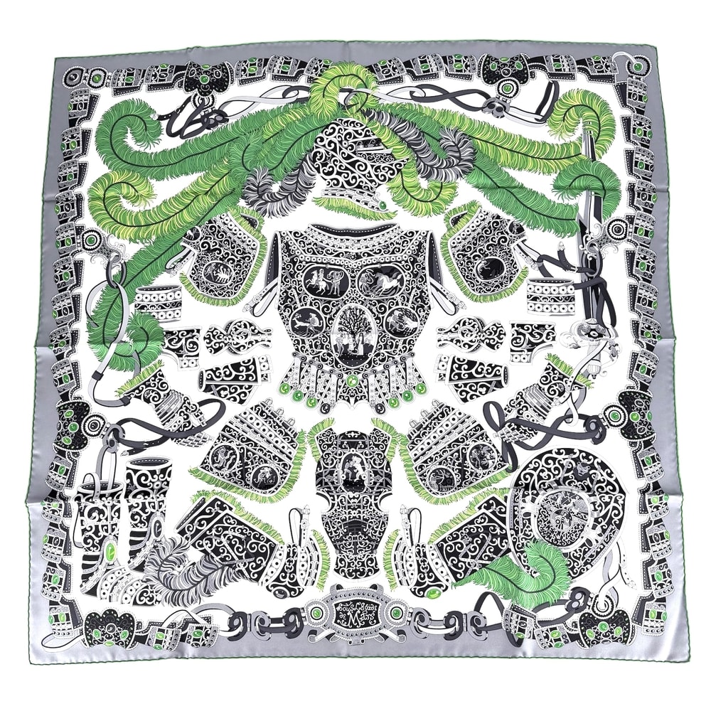 HERMES エルメス スカーフ カレ90 SOUS LE GIDE DE MARS 軍師マルス ファッションアイテム シルク グレー グリーン 緑 レディース 美品【中古品】