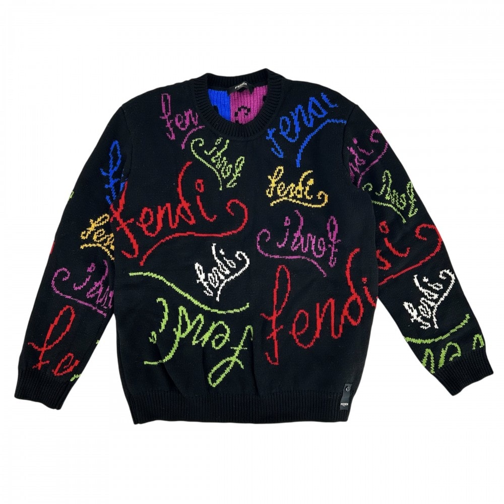 FENDI フェンディ ニット ARTIST ロゴ セーター 長袖 服 トップス アパレル 52 FZY463 ブラック 黒 マルチカラー ウール    メンズ 秋 冬【中古品】