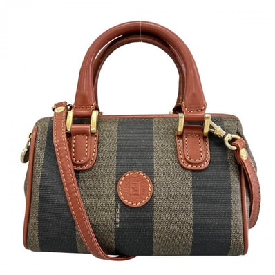 FENDI フェンディ 2WAY ペカン ミニボストン ショルダーバッグ ハンドバッグ 斜め掛け 021-45960029 PVCコーティングキャンバス レザー ブラウン 茶 カーキ ゴールド金具 レディース【中古品】
