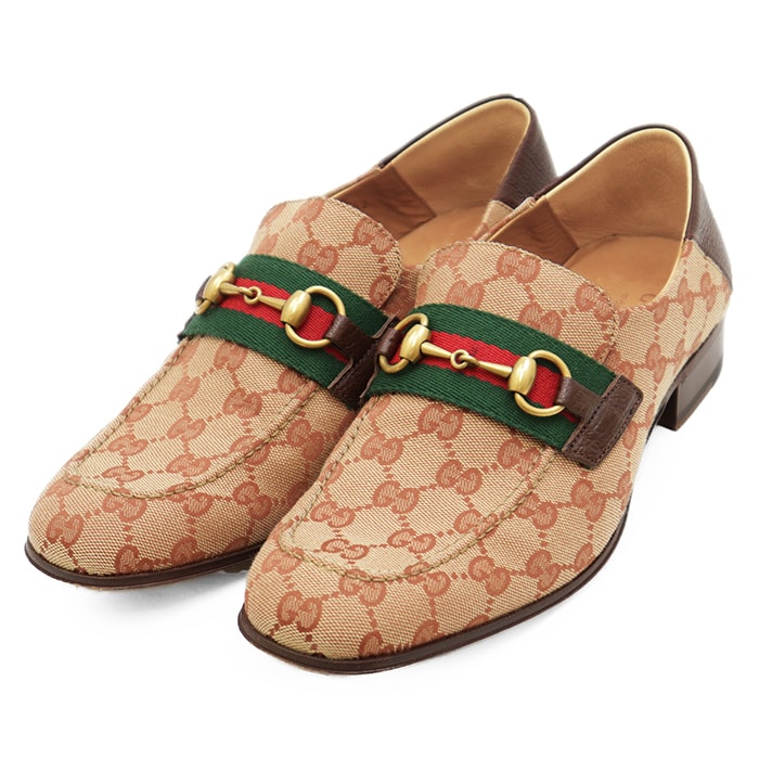 SALE【新品同様】GUCCI グッチ ホースビットローファー サイズ 7.5 メンズ シグネチャー ロゴ GGキャンバス シェリーライン セミスクエアトゥ シューズ スリッポン 革靴 箱付属 ベージュ ブラウン 茶色 イタリア製