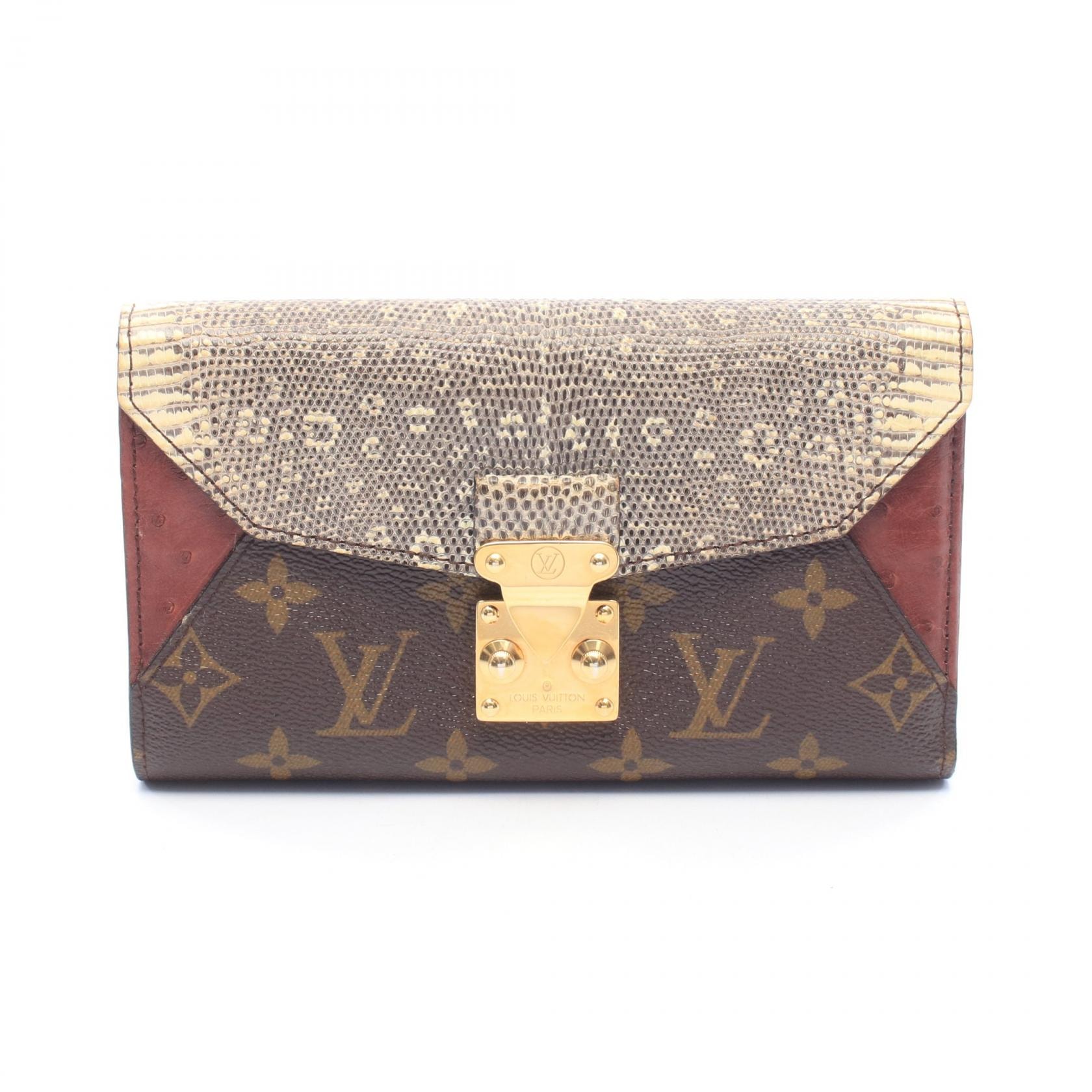 ルイ・ヴィトン LOUIS VUITTON ポルトフォイユ エキゾチック モノグラム 三つ折り長財布 財布 エキゾチックレザー PVC / オーストリッチ レディース ブラウン系 / アイボリー系 / マルチカラー N91288 【中古】