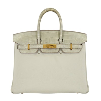 HERMES エルメス ハンドバッグ バーキン25 タッチ グリスパール (グリペール/パールグレー) トゴ/クロコダイル アリゲーターマット ゴールド金具 U刻印 新品同様【中古】
