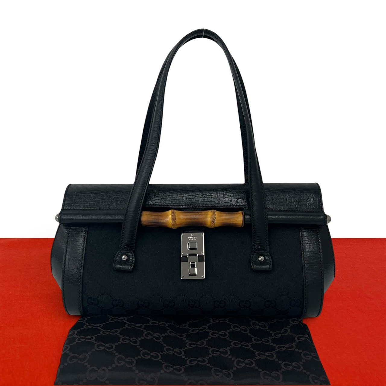 GUCCI グッチ バンブー GG ロゴ 柄 レザー キャンバス ハンドバッグ ブラック
 21185