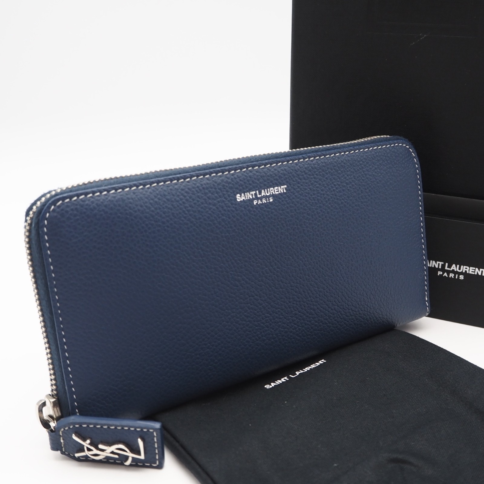 美品 SAINT LAURENT サンローラン YSLロゴ ロングウォレット 414680 長財布 ブルー グレインレザー メンズ