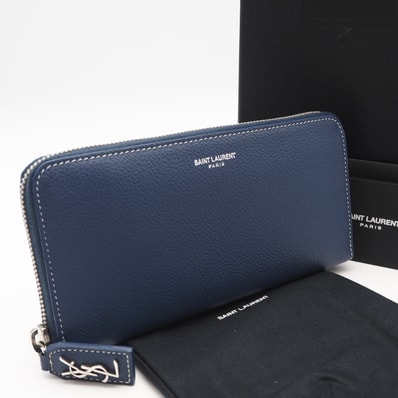 美品 SAINT LAURENT サンローラン YSLロゴ ロングウォレット 414680 長財布 ブルー グレインレザー メンズ
