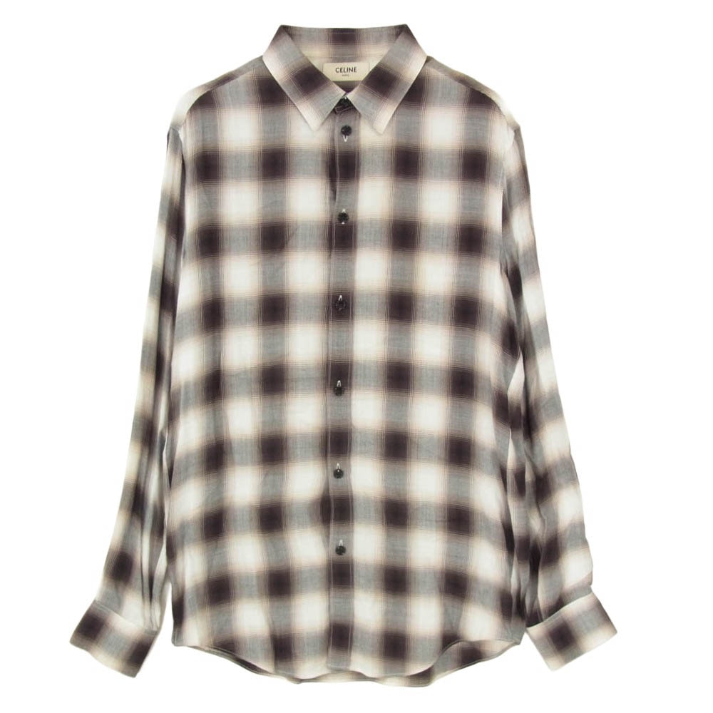 CELINE セリーヌ 21AW 2C154878D Hedi Slimane Archive エディ期 LOOSE SHIRT IN OMBRE CHECKED オンブレ チェック柄 レーヨン 長袖 シャツ ブラウン系 38【新古品】【未使用】【中古】