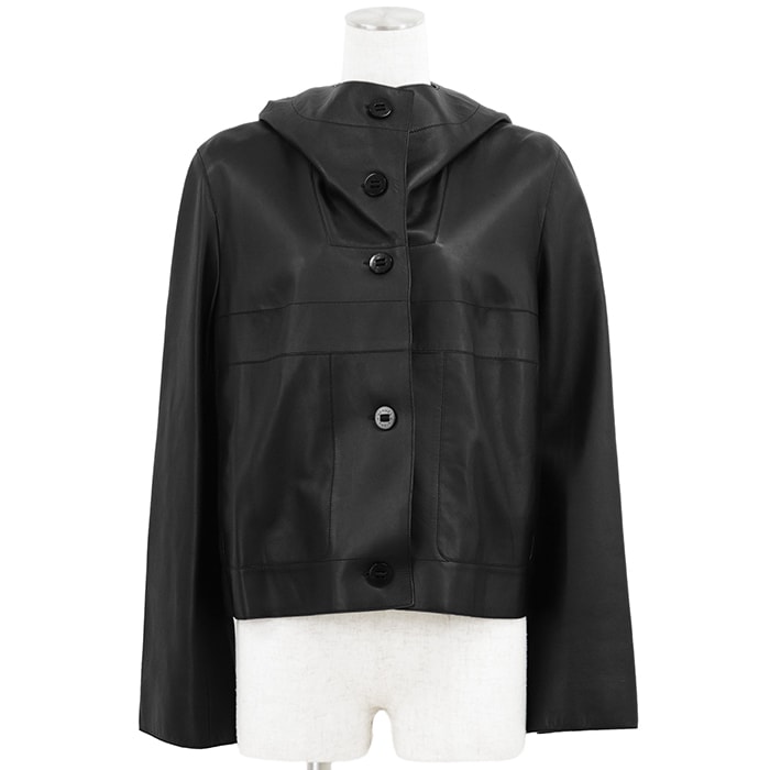 【美品】HERMES エルメス フーデッドレザージャケット サイズ 38 レディース 2018SS ラムレザー セリエボタン Festival 祭典 ライニング ブルゾン アウター ブラック 黒 フランス製 *86-7011