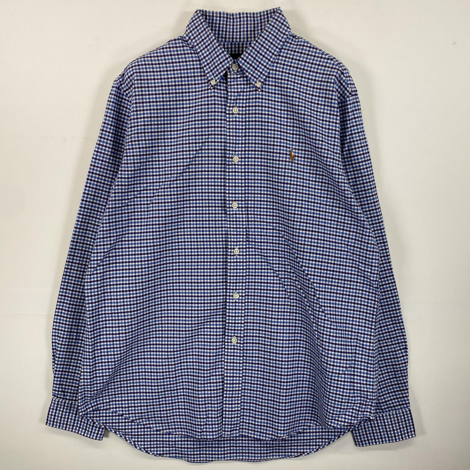古着 ラルフローレン RALPH LAUREN 長袖シャツ ボタンダウン ワンポイントロゴ刺繍 L  ブルー系 チェック メンズ