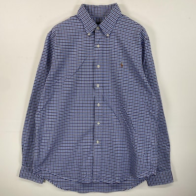 古着 ラルフローレン RALPH LAUREN 長袖シャツ ボタンダウン ワンポイントロゴ刺繍 L ブルー系 チェック メンズ
