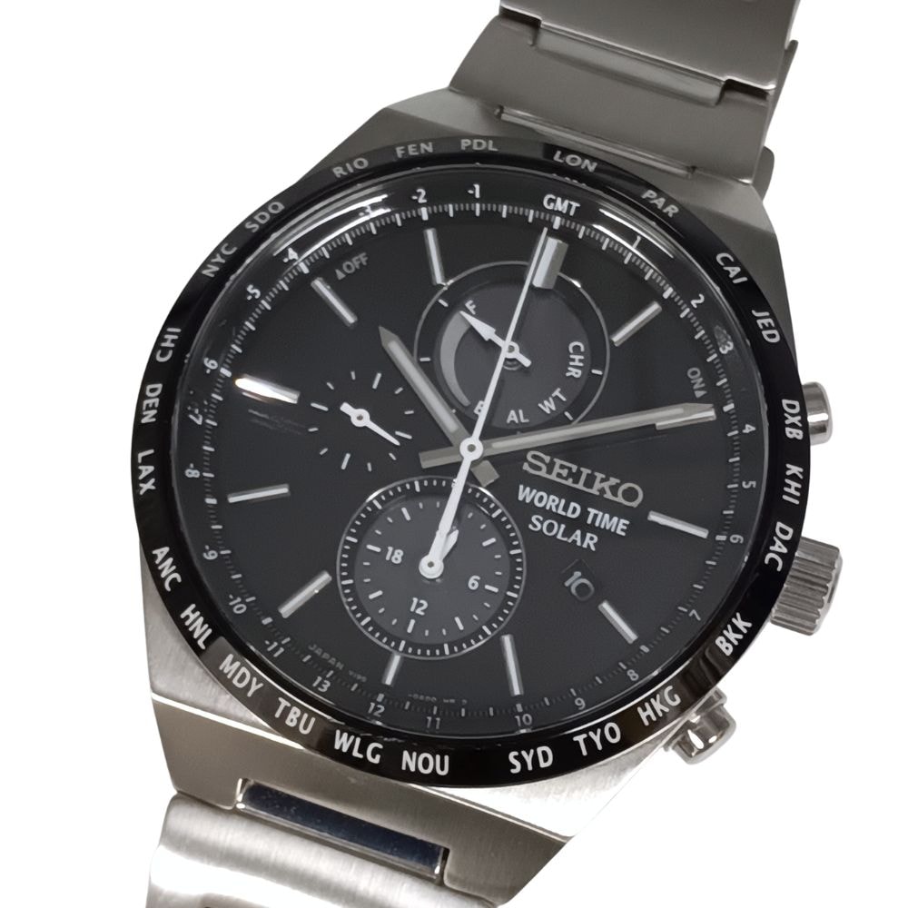 SEIKO セイコー V195-0AE0 クロノグラフ ワールドタイム ソーラー 腕時計 シルバー 正規品 / 55514