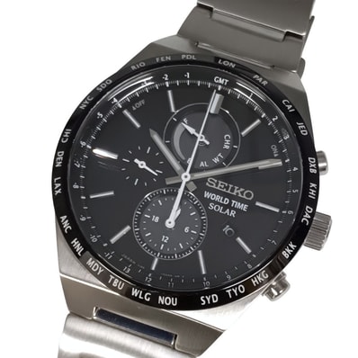 SEIKO セイコー V195-0AE0 クロノグラフ ワールドタイム ソーラー 腕時計 シルバー 正規品 / 55514