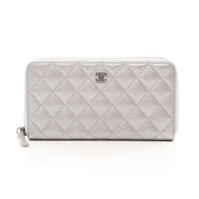 シャネル CHANEL マトラッセ アンティークシルバー金具 ラウンド長財布 財布 キャビアスキン(グレインドカーフ) レディース シルバー系 【中古】